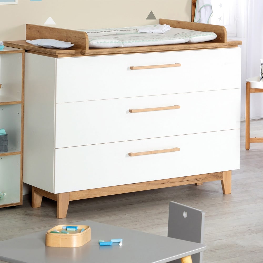 Wickelkommode breit, 3 Schubladen, Weiß/Goldeiche - Maisons Du