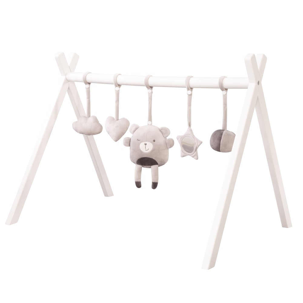 Roba - Arche d'éveil avec 5 jouets gris amovibles, bois blanc
