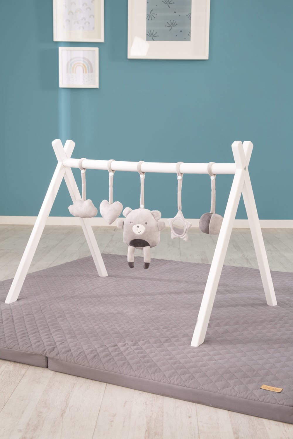 Arche d'éveil avec 5 jouets gris amovibles, bois blanc (Roba) - Image 1