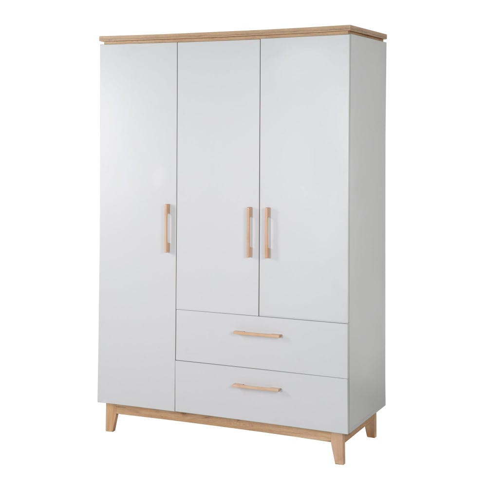 Armoire enfant scandinave 3 portes 2 tiroirs en gris - chêne doré