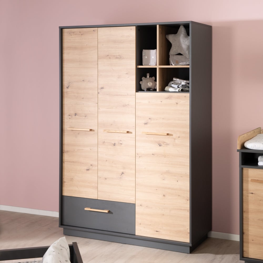 Kleiderschrank mit 3 Türen und 1 Schublade, Anthrazit - Maisons