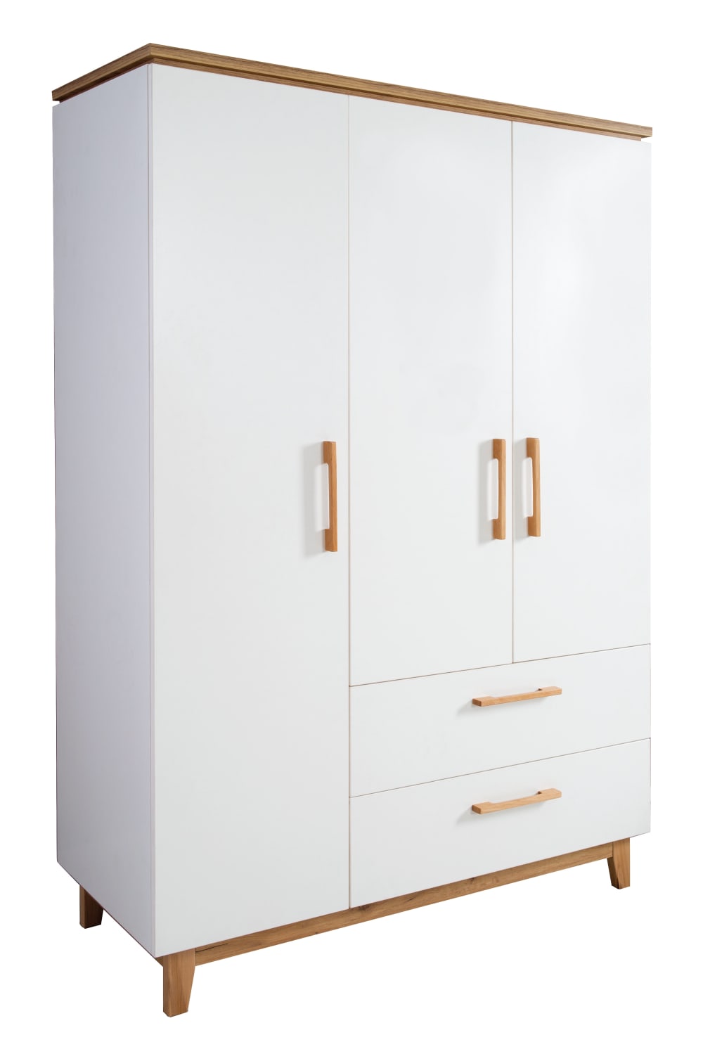 Armoire enfant scandinave 3 portes 2 tiroirs en blanc - chêne doré