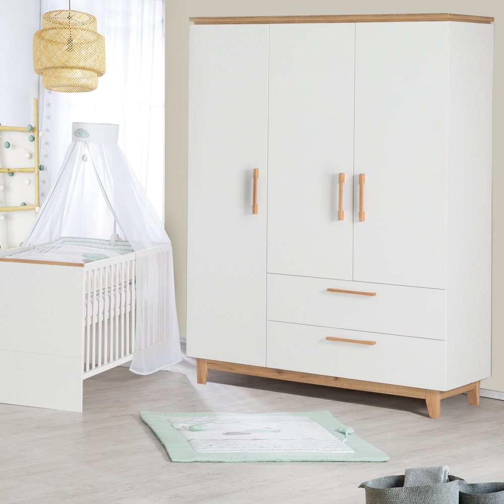 Kleiderschrank mit 3 Türen und 2 Schubladen, Weiß/Goldeiche -