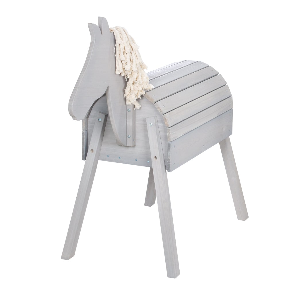 Cheval de jardin en bois lasuré gris avec crinière et queue
