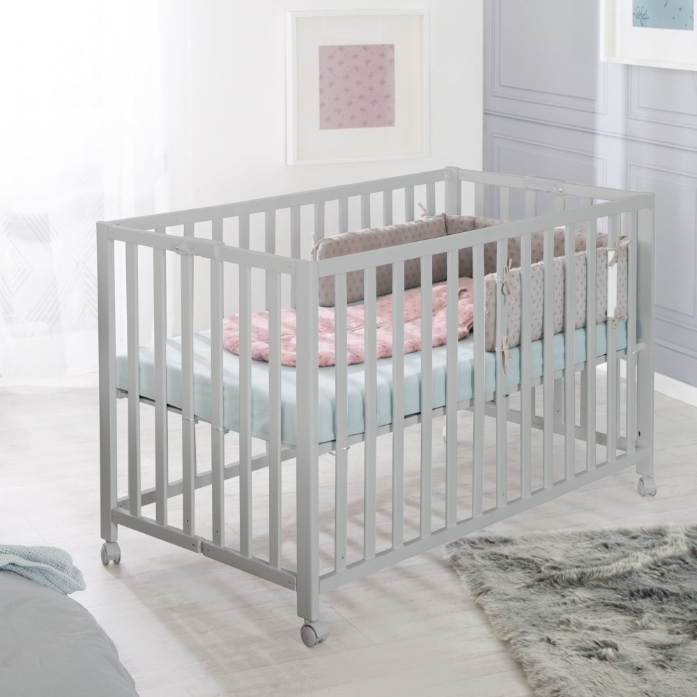 Lit bébé pliant 60x120 réglable en hêtre bio gris taupe