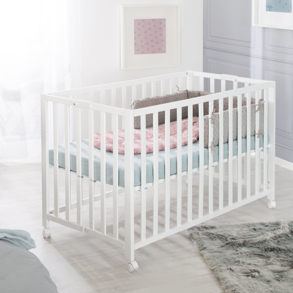 Lit bébé pliant 60x120 réglable en hêtre bio blanc
