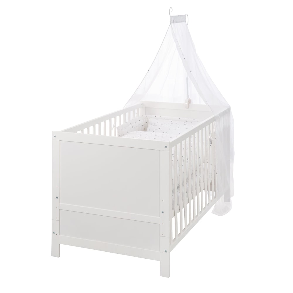 Lit bébé évolutif à barreaux 70x140 avec literie en bois blanc