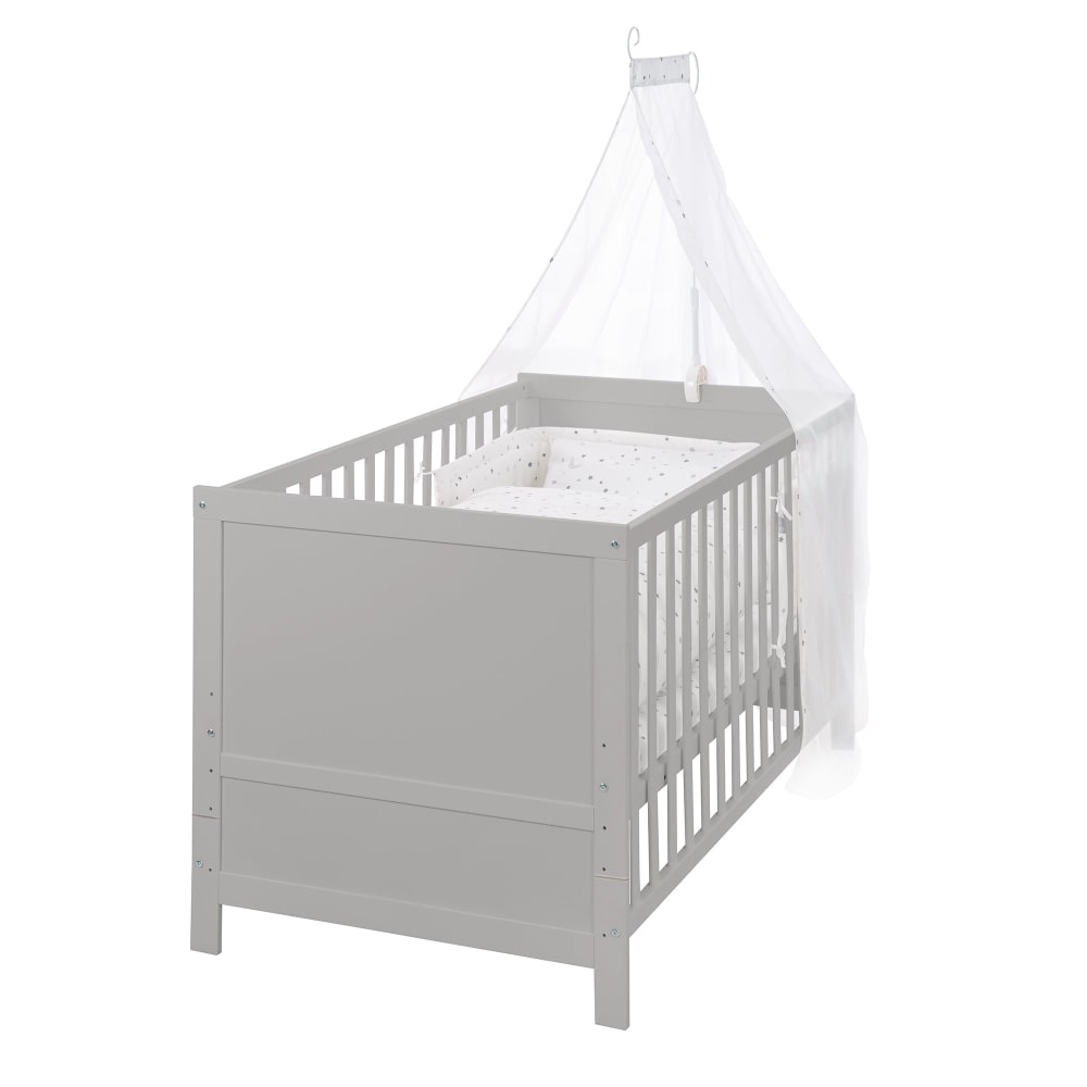 Lit bébé évolutif à barreaux 70x140 avec literie en bois taupe