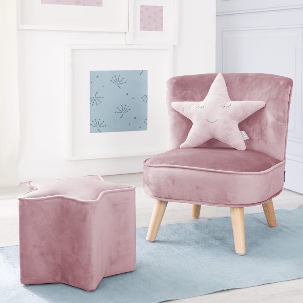 Fauteuil enfant scandinave + pouf et coussin en velours rose - Maisons du Monde