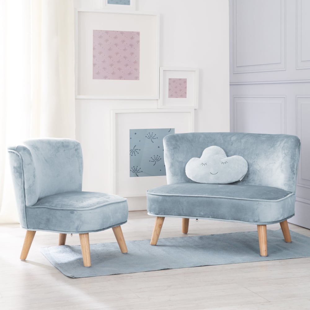 Kindersofa und Sessel aus Samtstoff mit Holzfüßen, Blau - Maisons