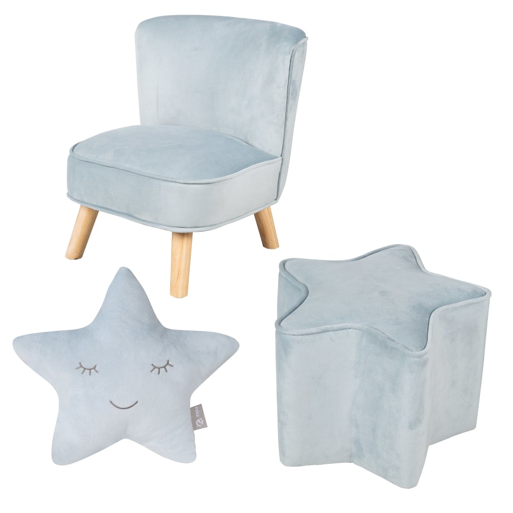 Fauteuil enfant scandinave + pouf et coussin en velours bleu