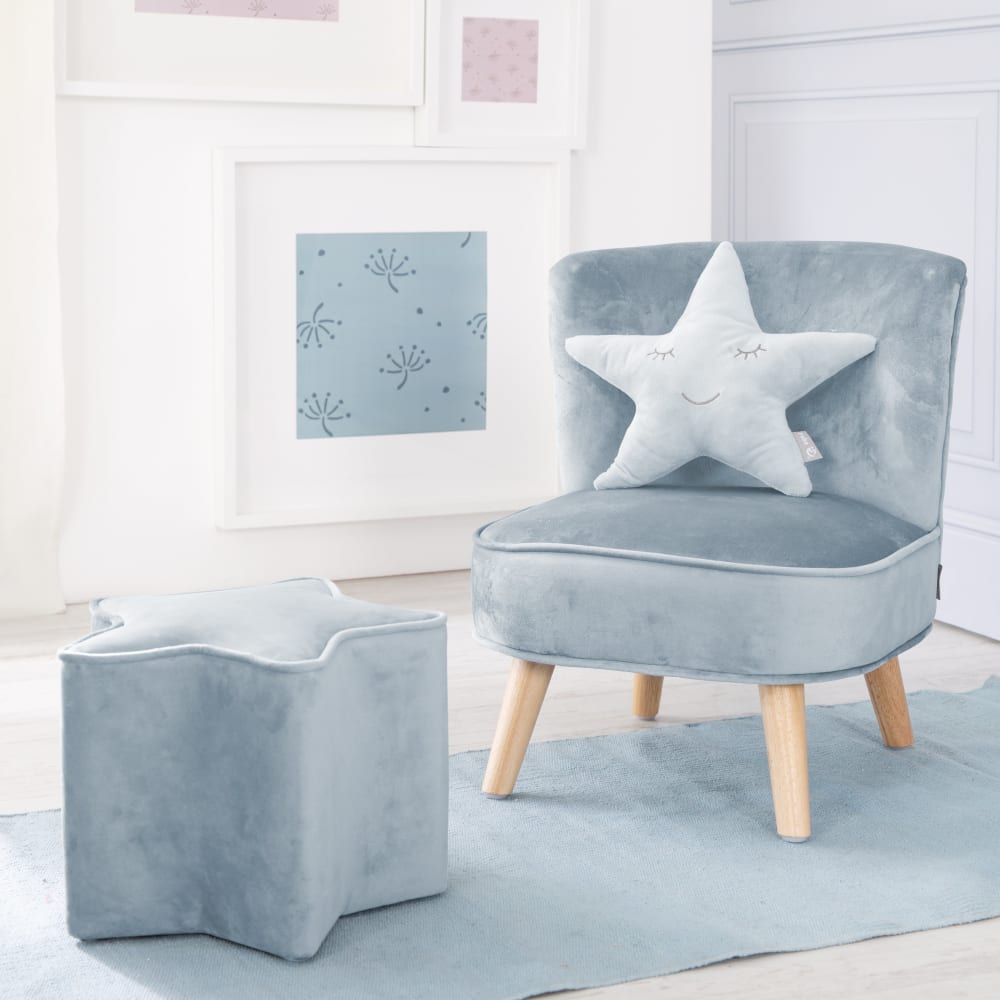 Kindersessel und Hocker aus Samtstoff mit Holzfüßen, Blau -