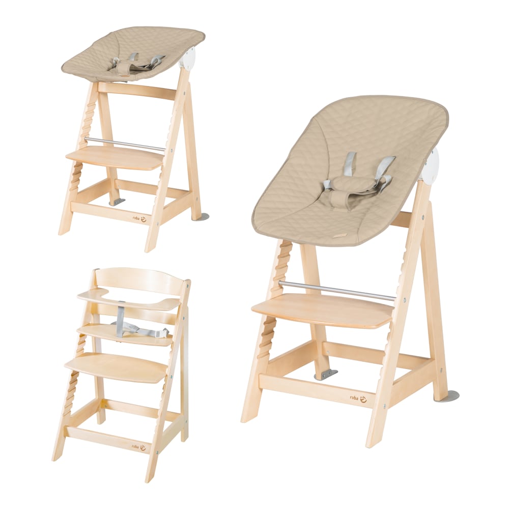 Chaise haute avec transat cuir grège inclinable en bois naturel