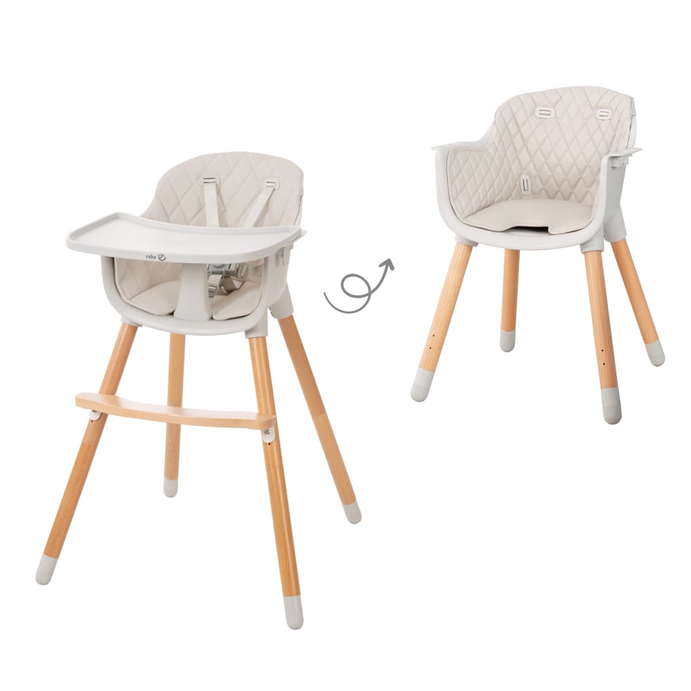Chaise haute bébé avec coussin d'assise en bois et plastique gris (Roba) - Image 2