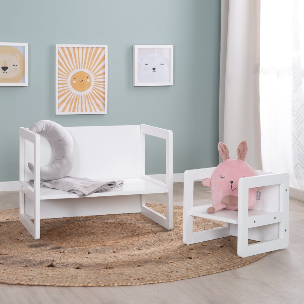 Ensemble table et chaise enfant réversibles en bois blanc