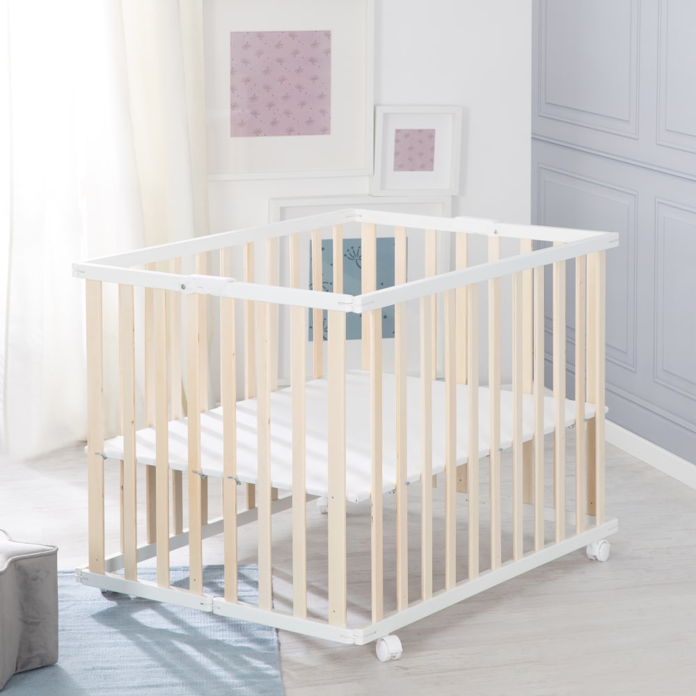 Parc pliant 75x100 réglable avec roulettes en bois bicolore (Roba) - Image 2
