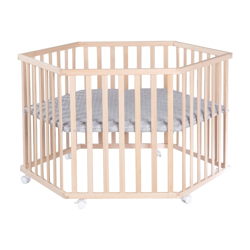 roba Laufgitter 6-eckig, höhenverstellbar, Bremsrollen, Natur style modern BRAUN SPANPLATTE Baby