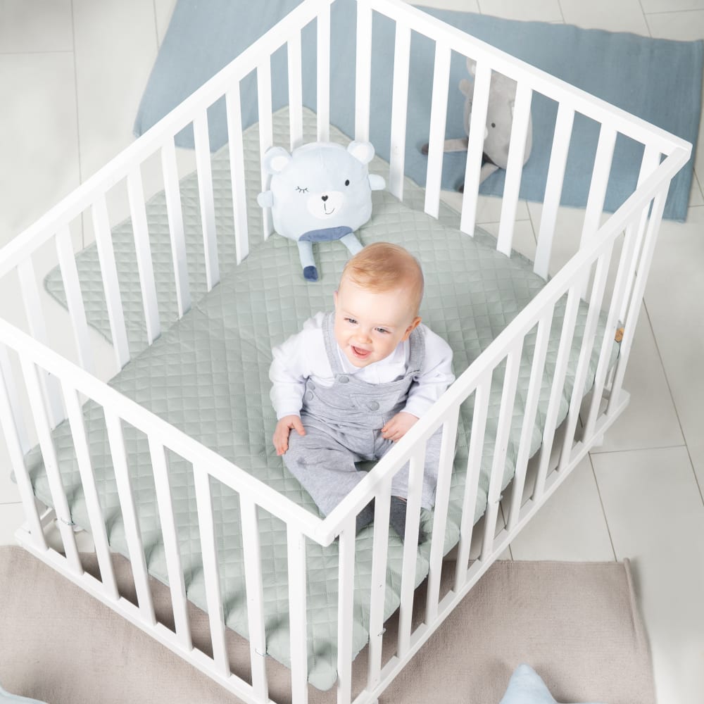 Parc bébé 75x100 réglable en bois blanc avec tapis vert (Roba) - Image 1
