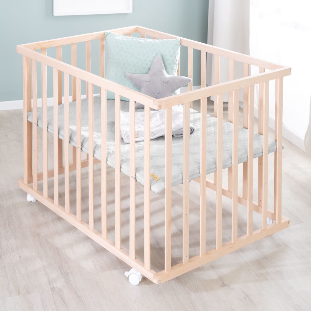 Parc bébé à roues 75x100 réglable et tapis gris en bois nature
