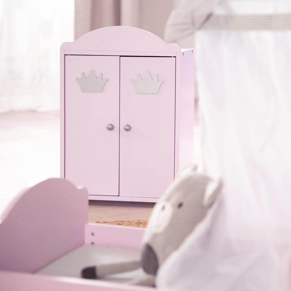 Puppenschrank 2-türig, inkl. Kleiderstange und Ablage, Rosa -