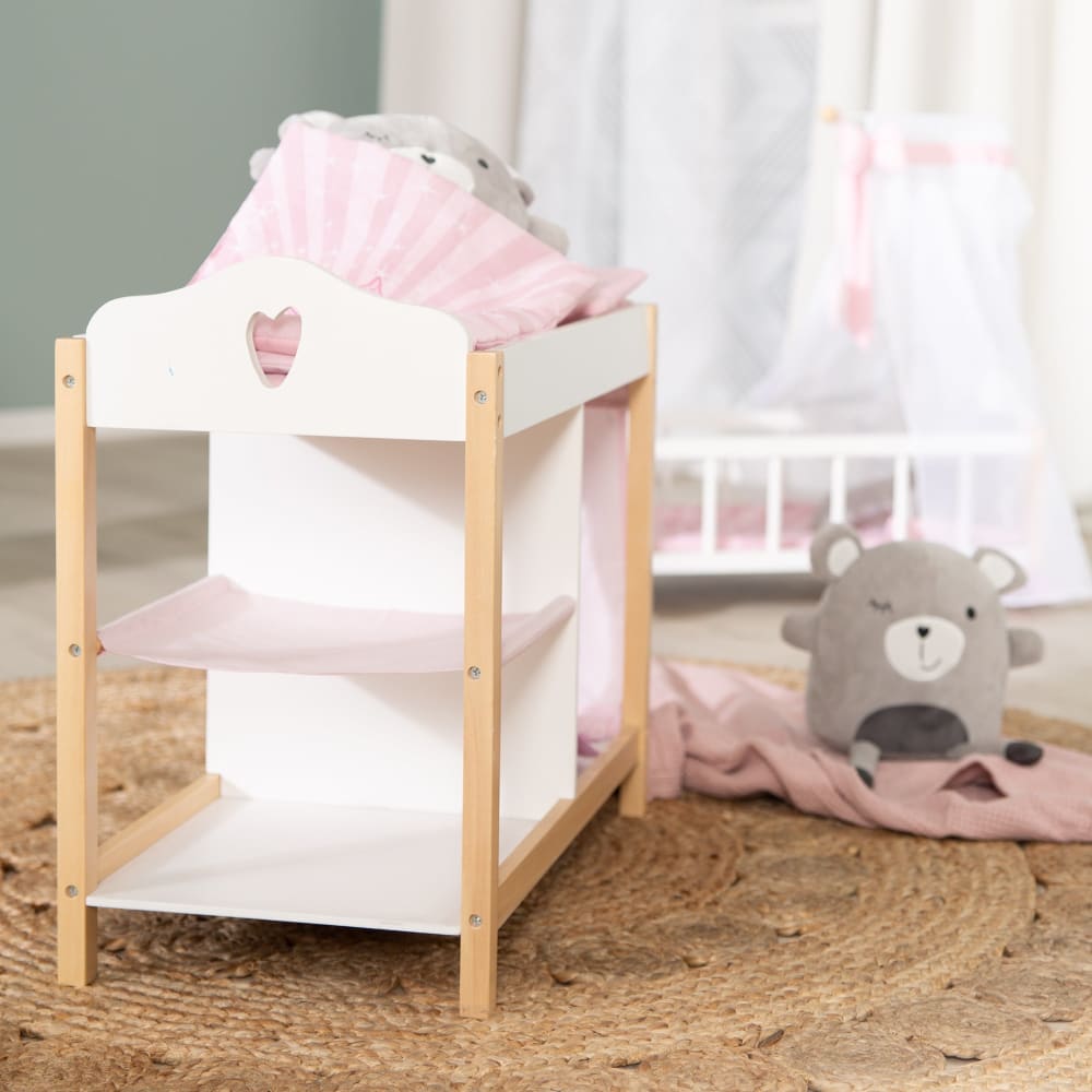 Puppenkommode/Bett  inkl. textiler Ausstattung, Weiß/Rosa -