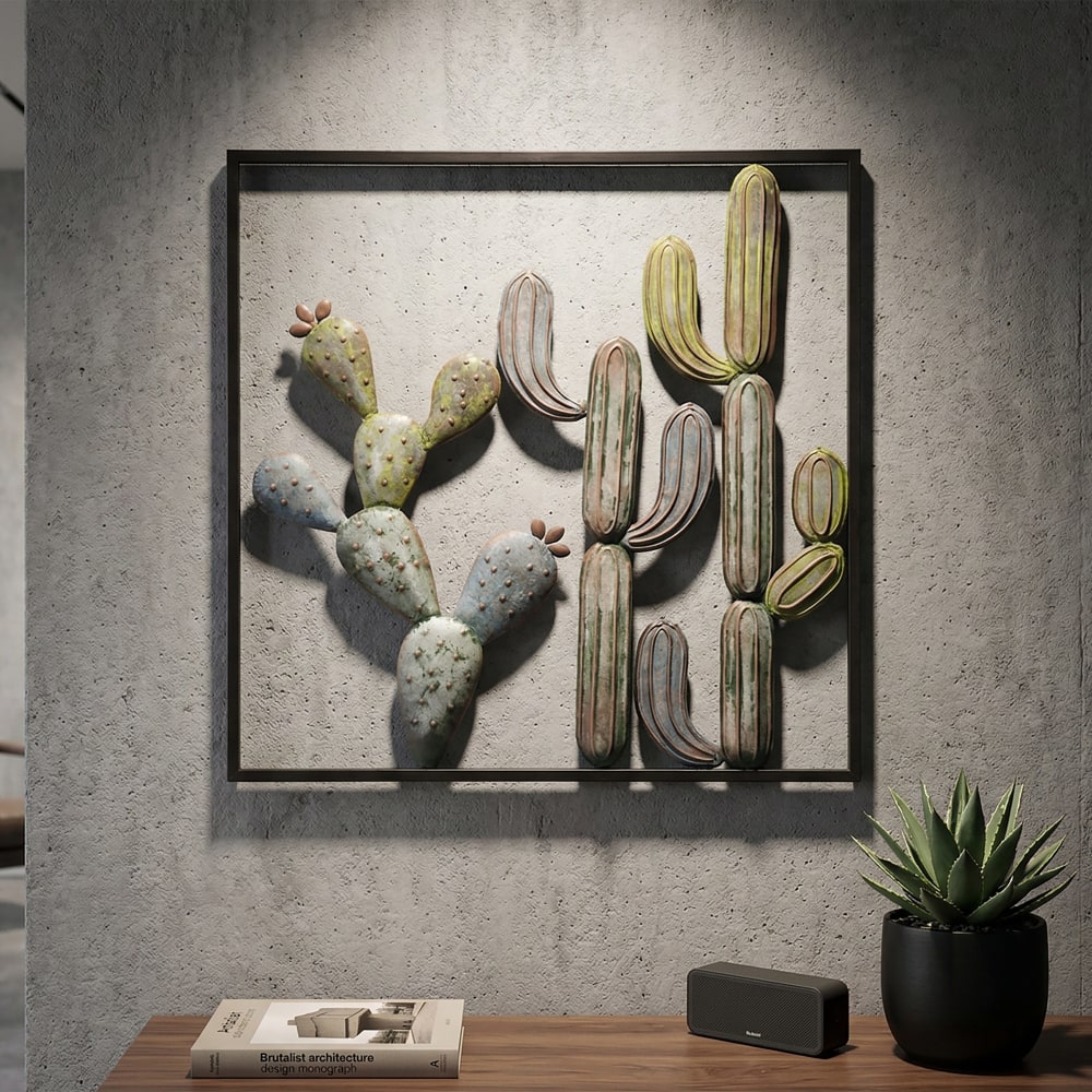 Pannello decorativo 3d in metallo multicolore con cactus cm 50x1,3x50 - Modello Esotico - Metallo
