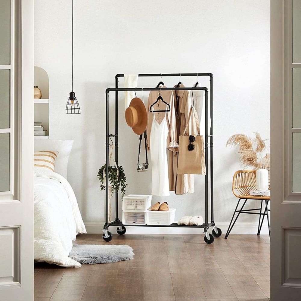 Portant à vêtement double tringles et étagère sur roulettes - Noir