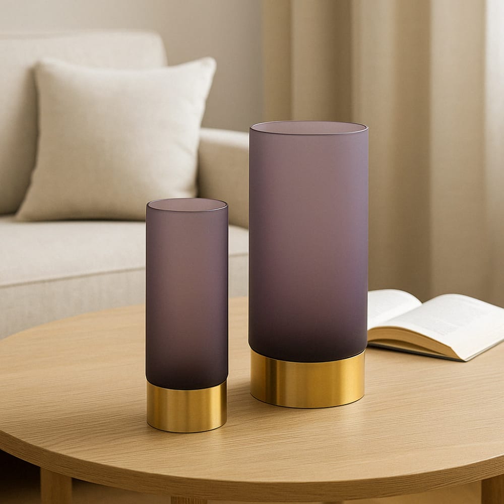 Dekorative Vase aus mundgeblasenem Glas, H21, Violett und Gold -