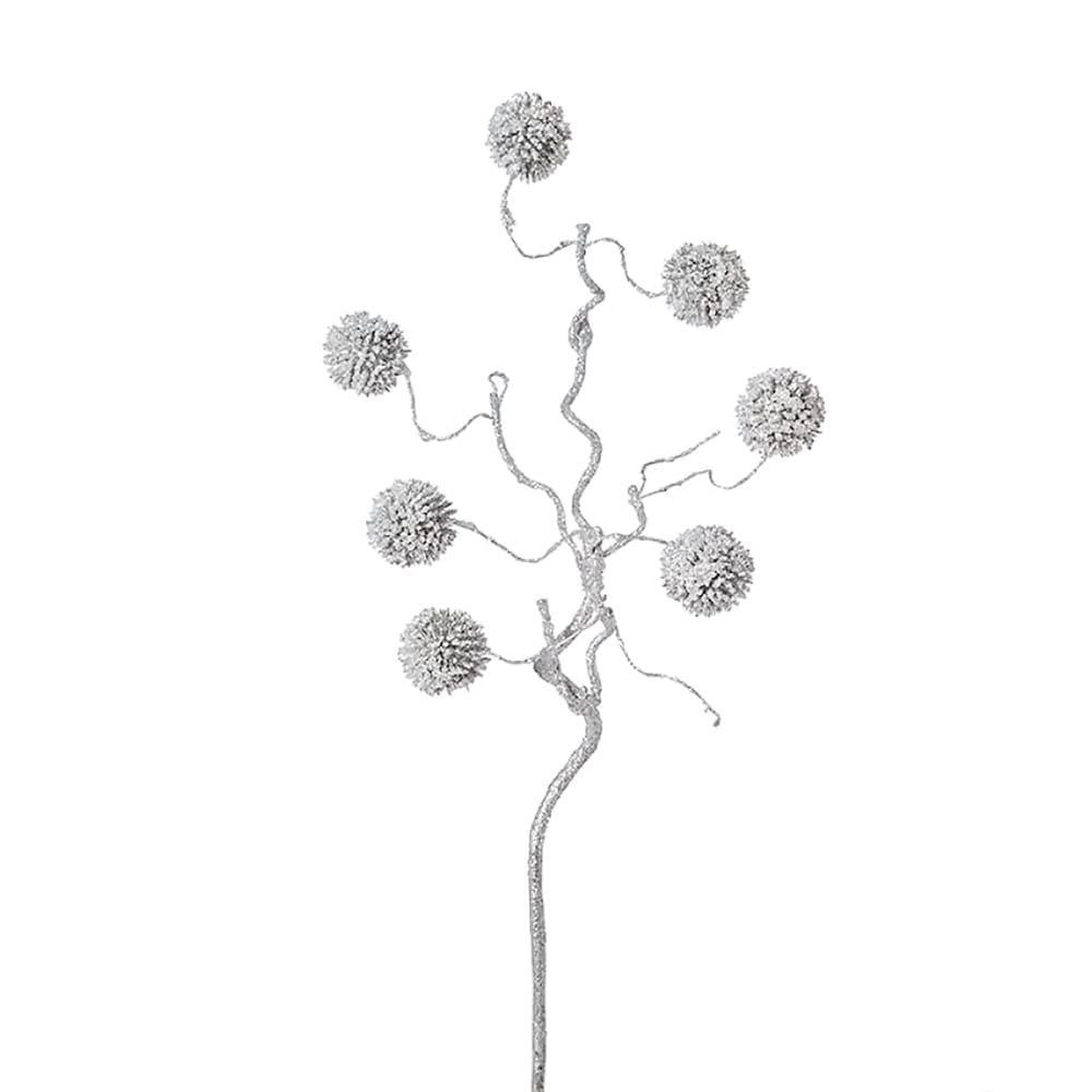 Branche de pompons pailletés artificielle argentée h50