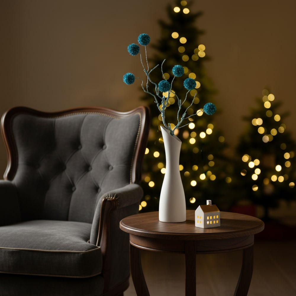 Branche de noël de pompons pailletés artificielle bleue h50 — vue 3