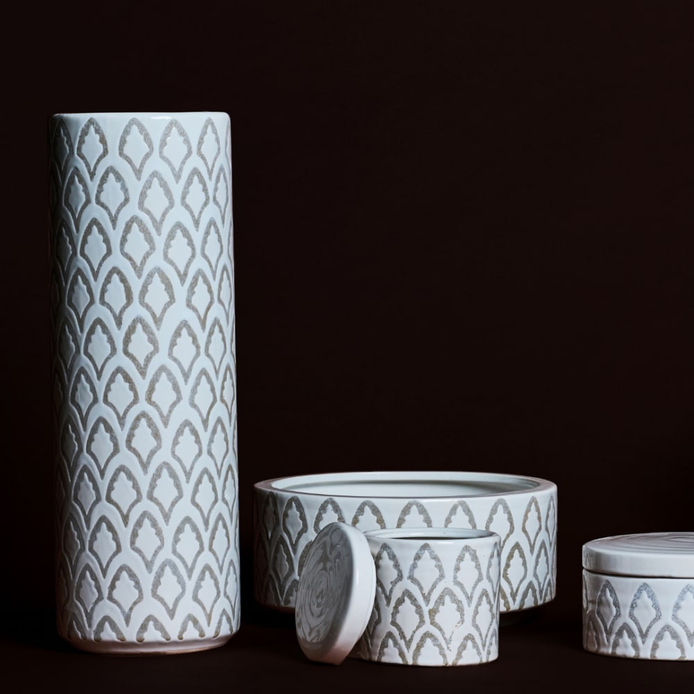 Vase décoratif en grès crème et gris h40