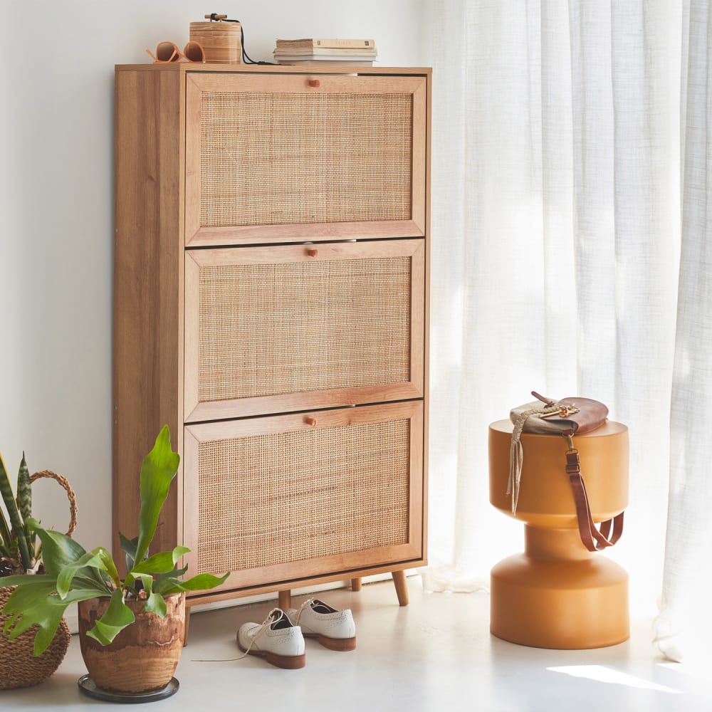sweeek Schuhschrank mit 3 Klappen und Rattan-Geflecht B 75 cm style classic chic Beige Spanplatte