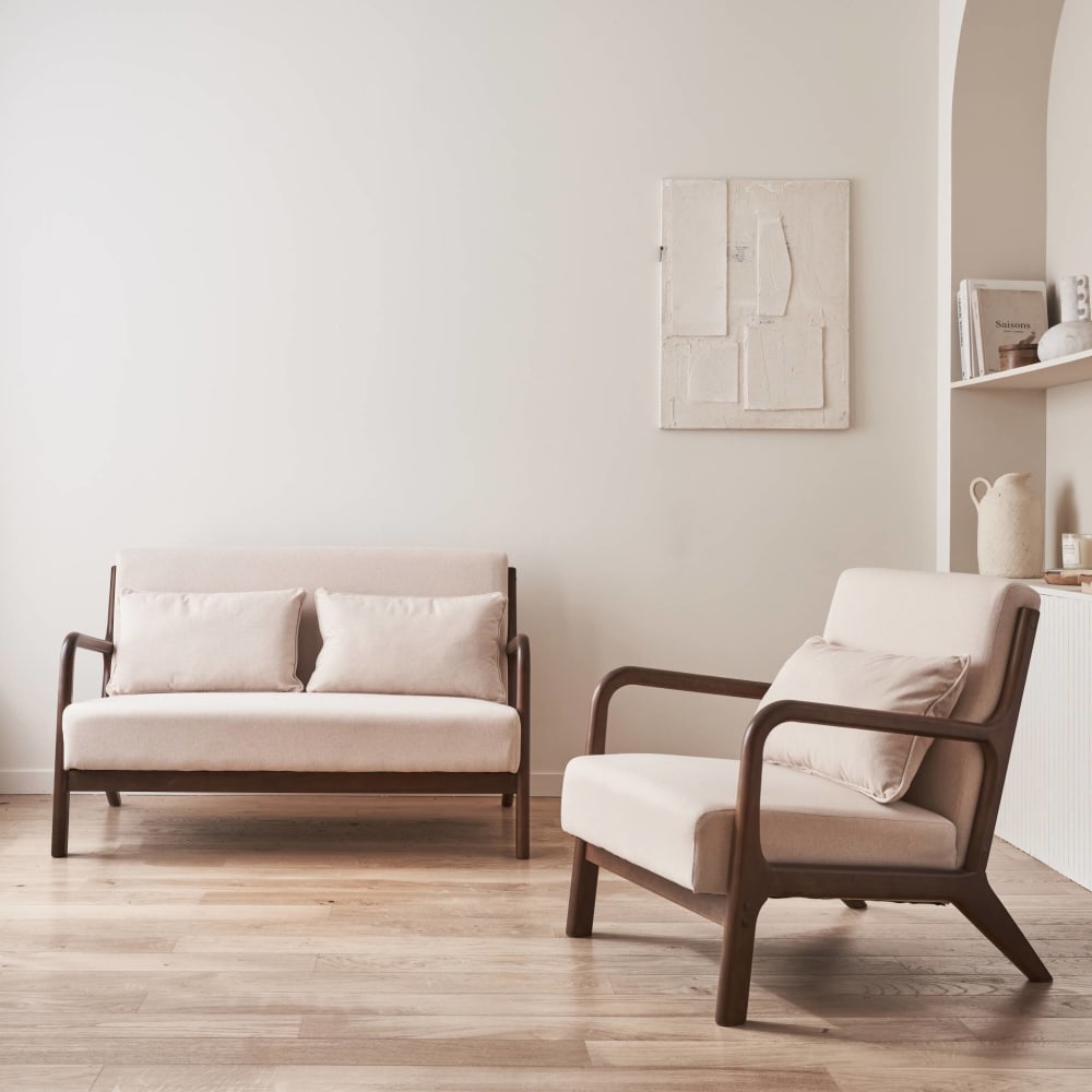 Banquette + fauteuil hévéa teinté noyer clair