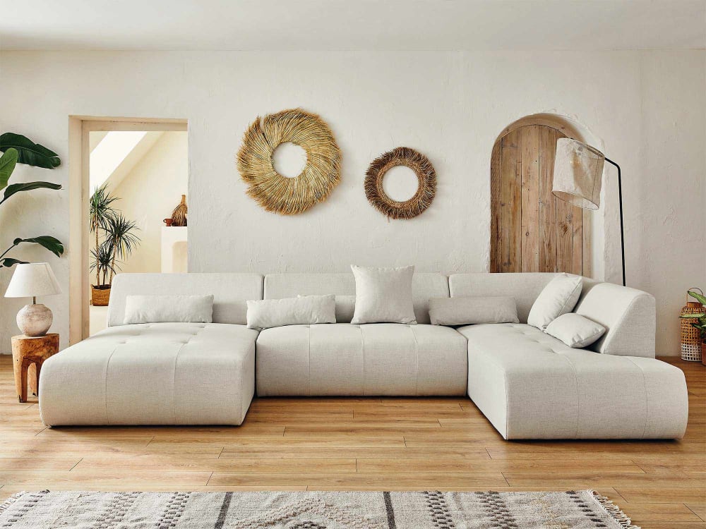 Canapé panoramique 7 places Angle droit en Tissu Beige