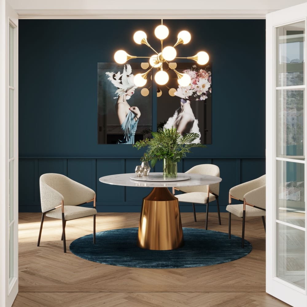 Table à manger 6 personnes ronde en marbre et acier doré D135