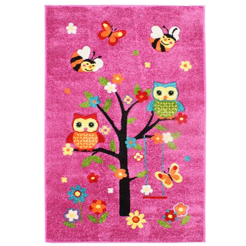 Tapis  enfant toucher laine imprimé chouettes rose 100x150