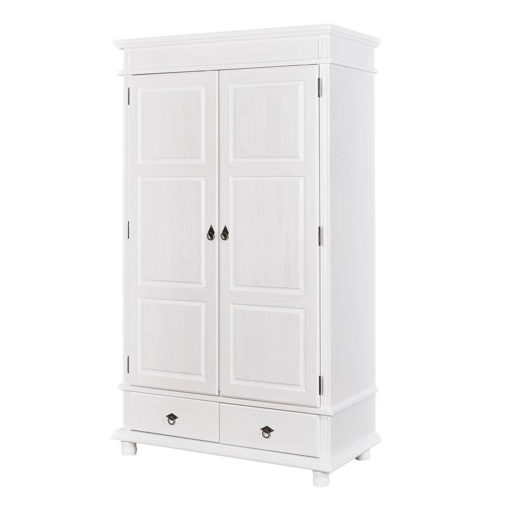 Armoire 2 portes 2 tiroirs en bois massif blanc