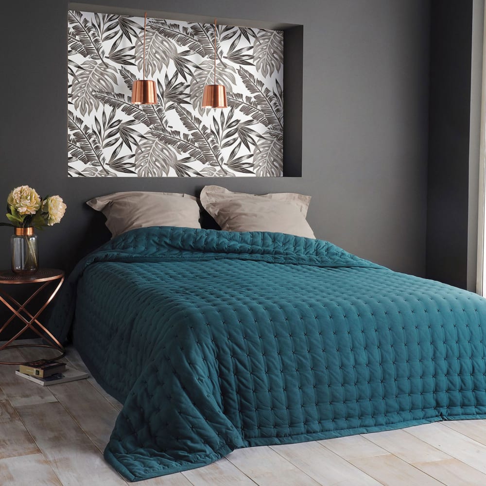 Jeté de lit matelassé et uni polyester bleu 230x250 cm