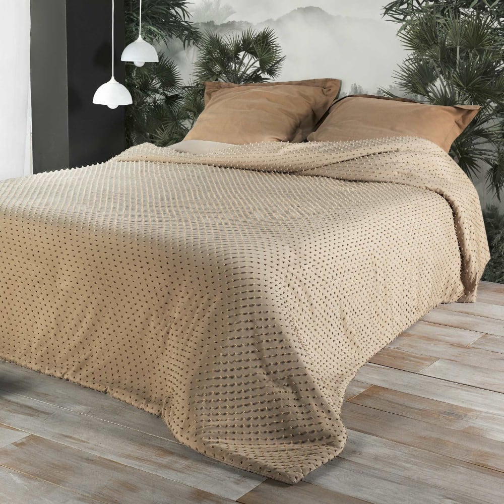 Jeté de lit à petits pompons polyester beige 180x240 cm