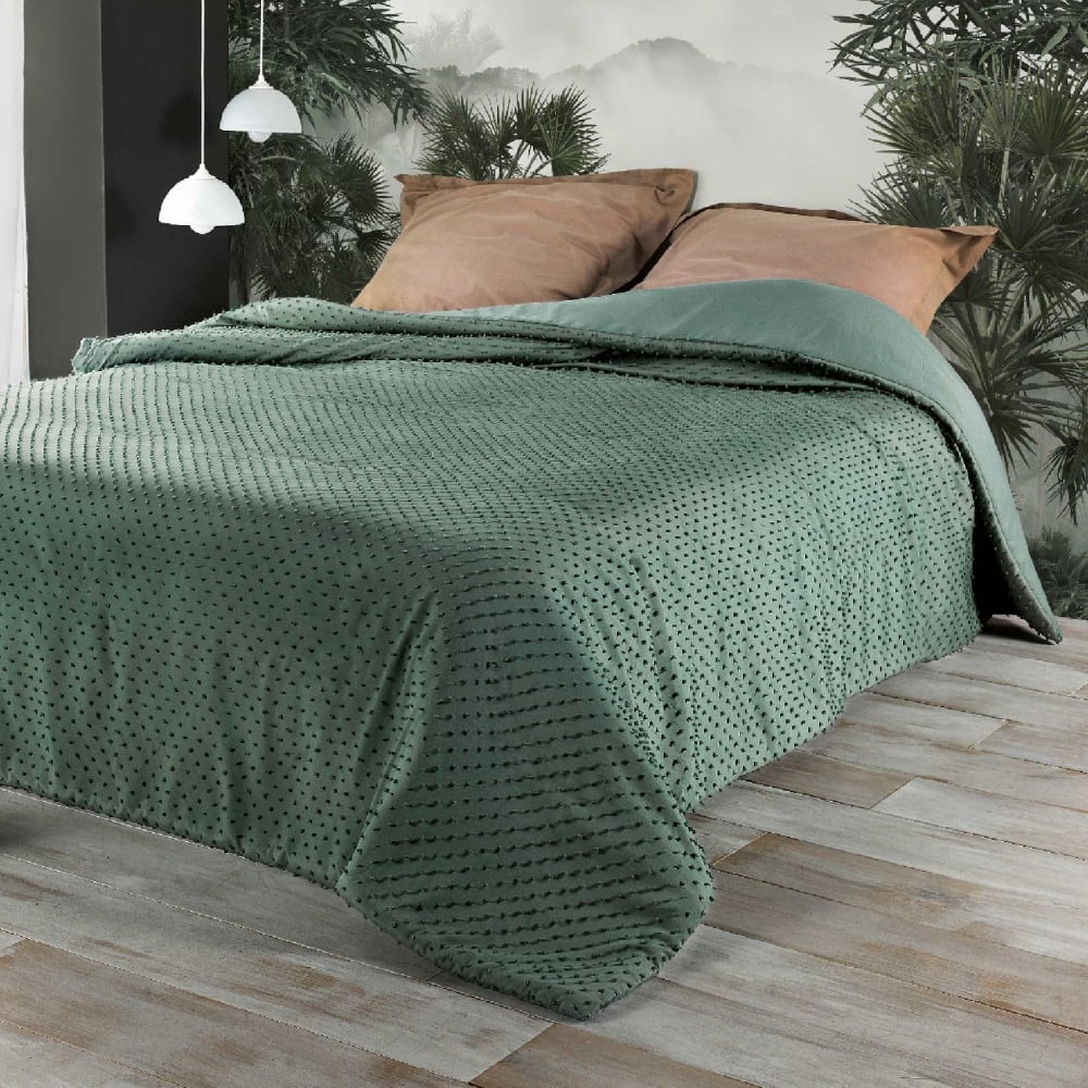 Jeté de lit à petits pompons polyester vert 180x240 cm