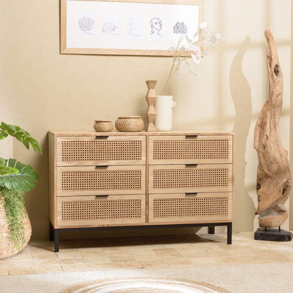 Commode 6 tiroirs cannage naturel pieds métal noir