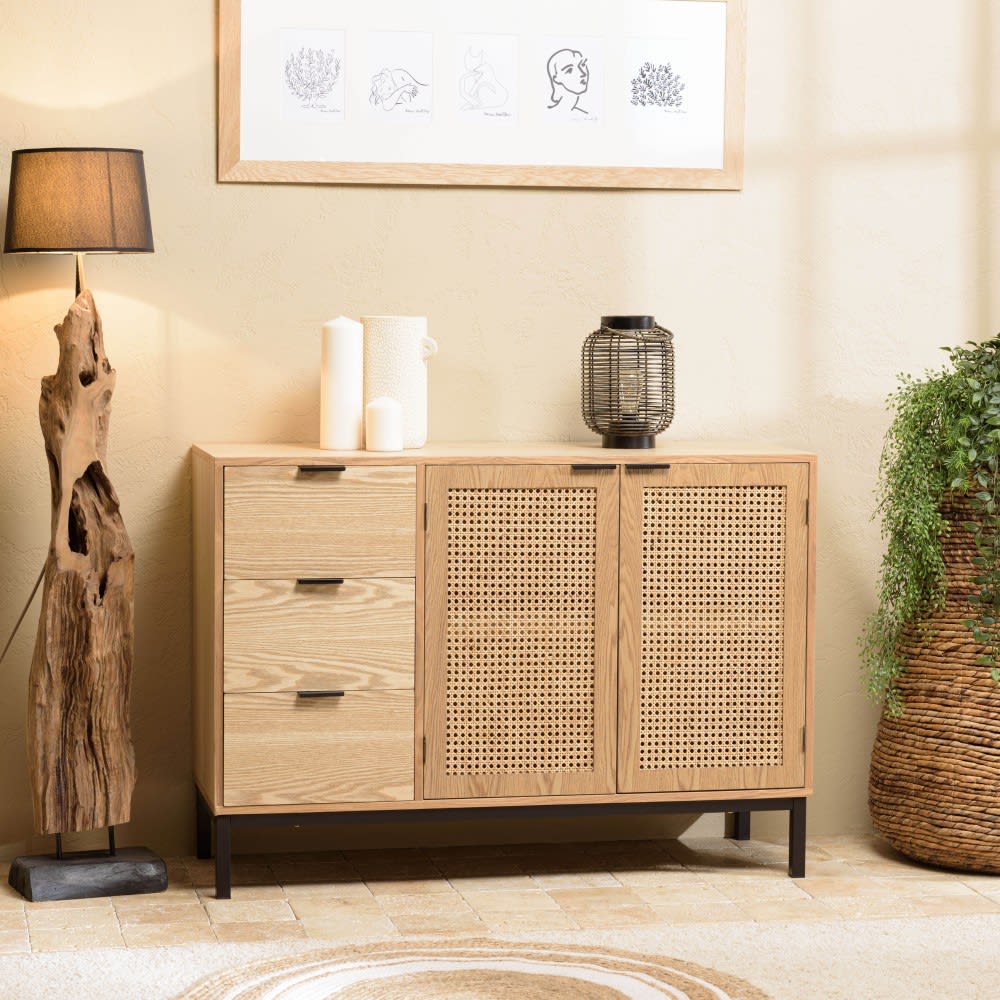 Sideboard mit 3 Schubladen und 2 Türen aus Rohrgeflecht und