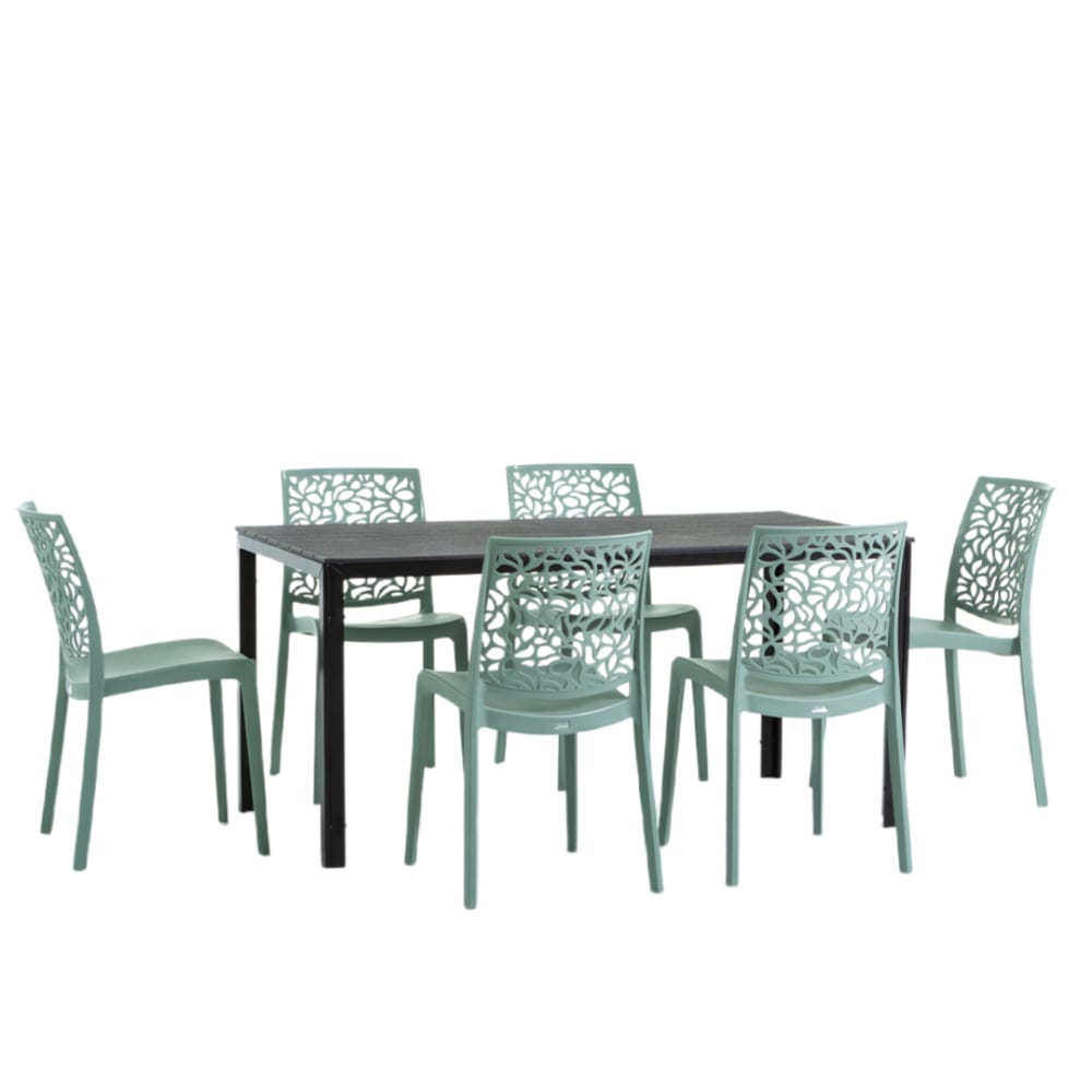 Ensemble table rectangulaire noire et 6 chaises en résine vert