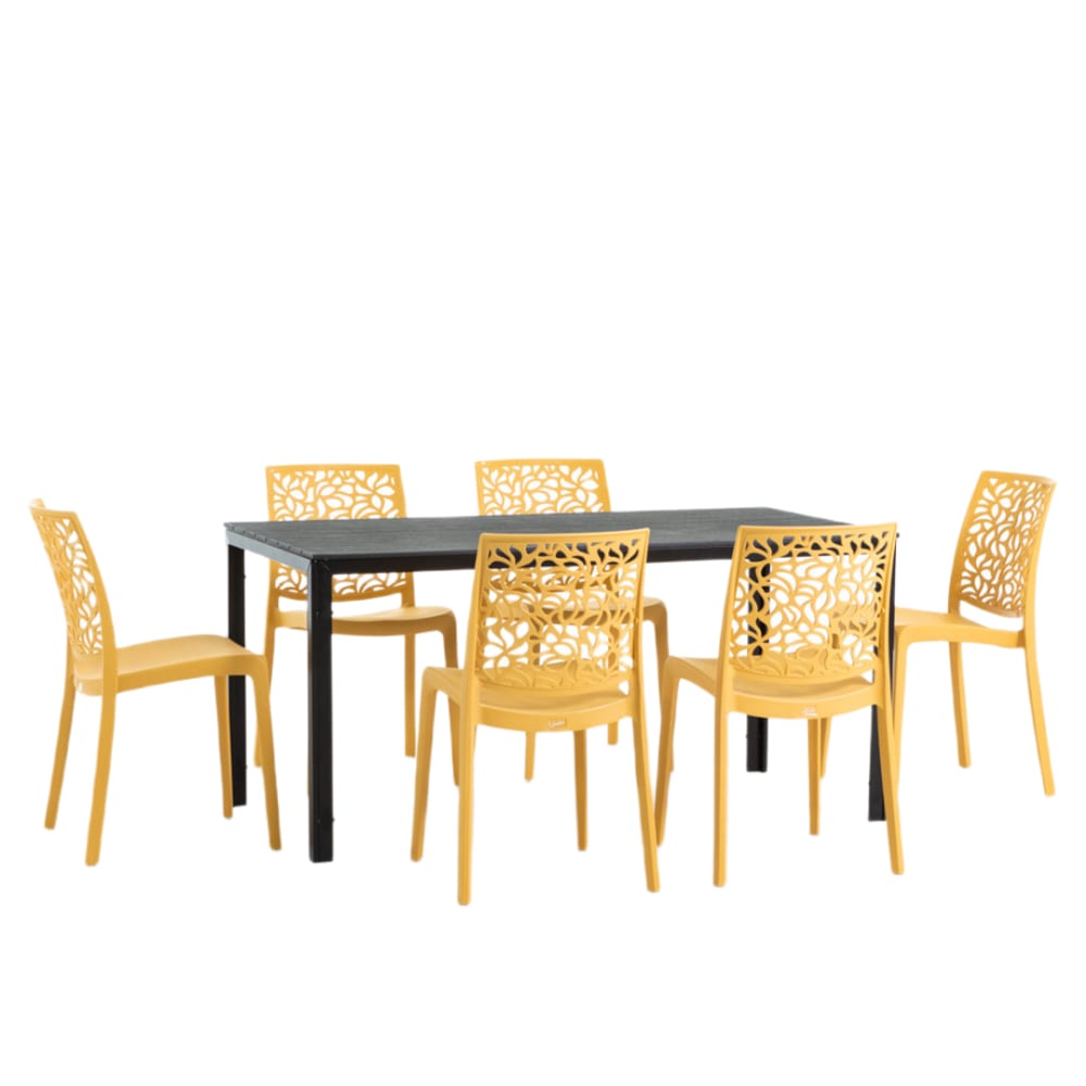 Ensemble table rectangulaire noire et 6 chaises en résine jaune