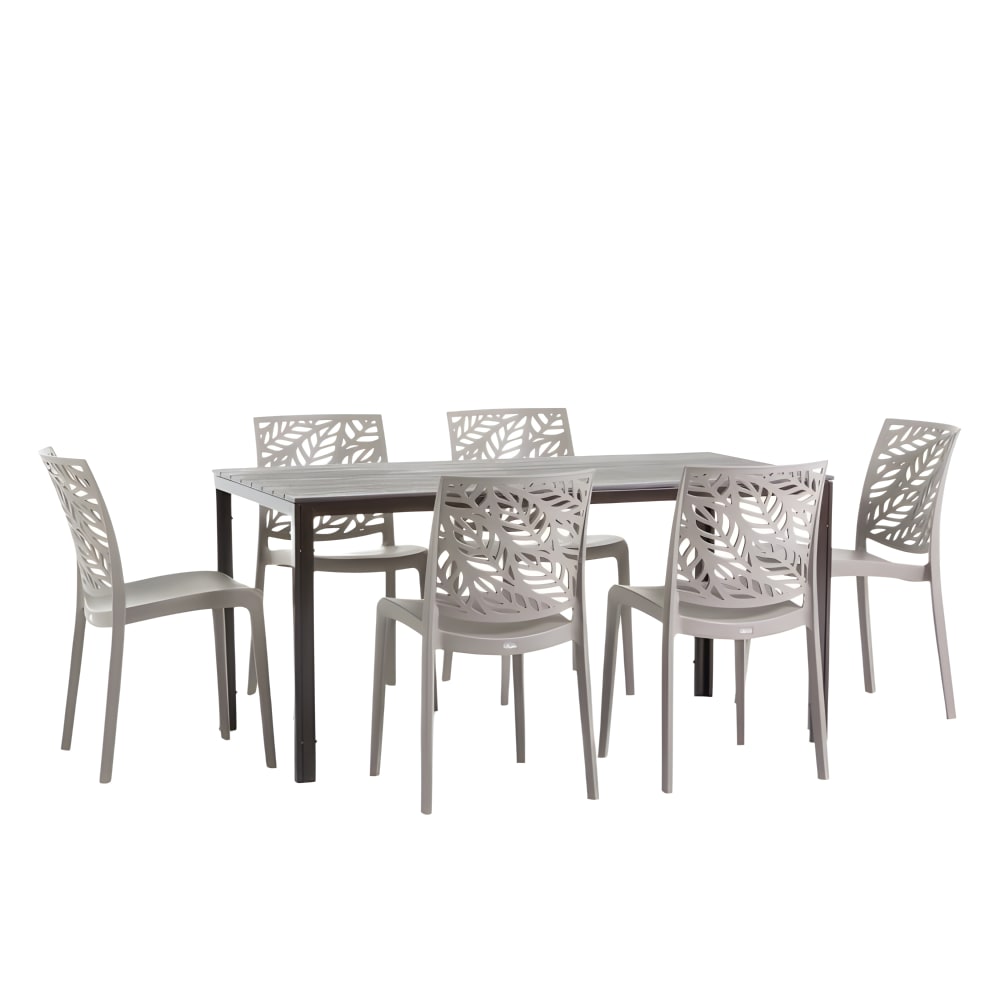 Ensemble table rectangulaire moka et 6 chaises en résine taupe