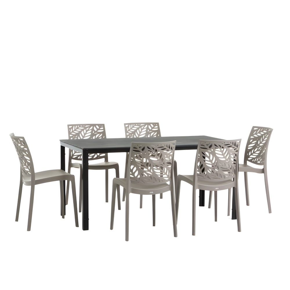 Ensemble table rectangulaire anthracite et 6 chaises en résine taupe