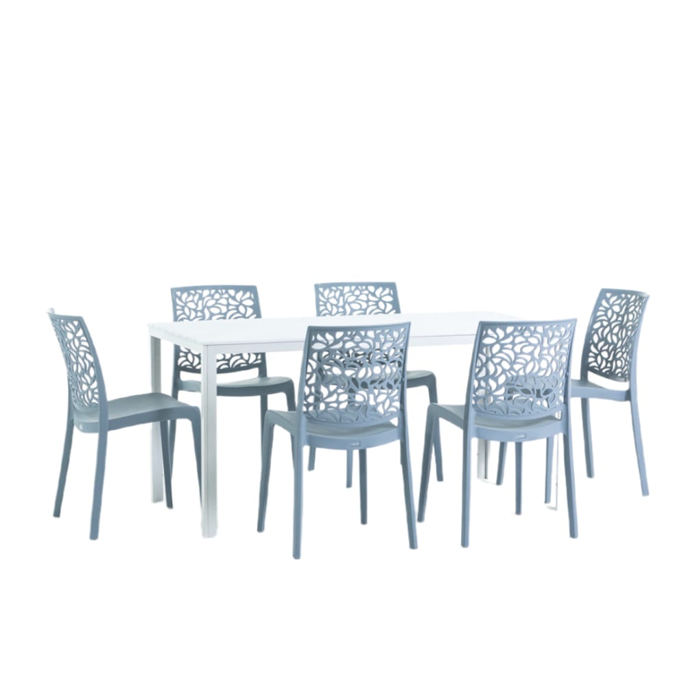Ensemble table rectangulaire blanche et 6 chaises en résine ciment
