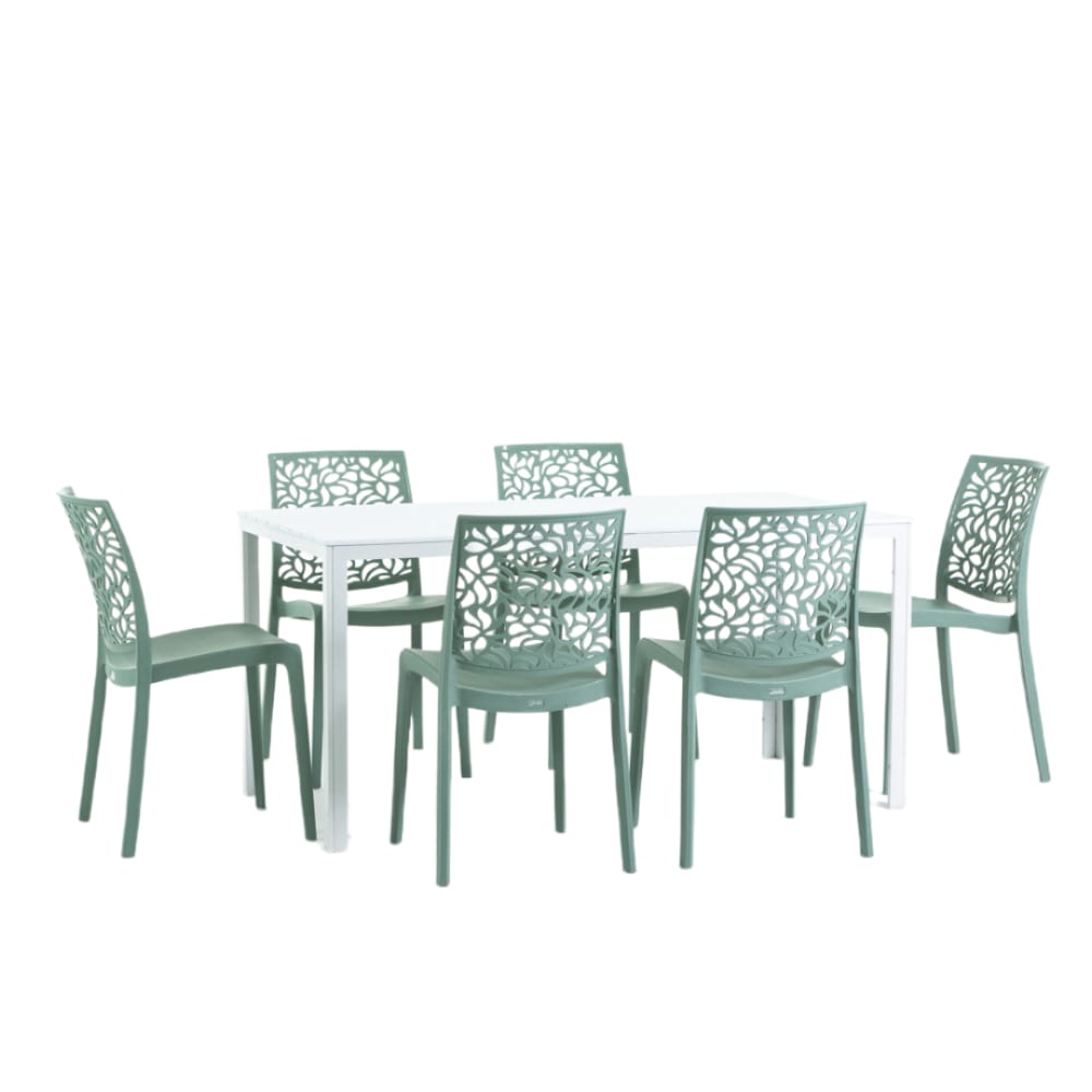 Ensemble table rectangulaire blanche et 6 chaises en résine vertes
