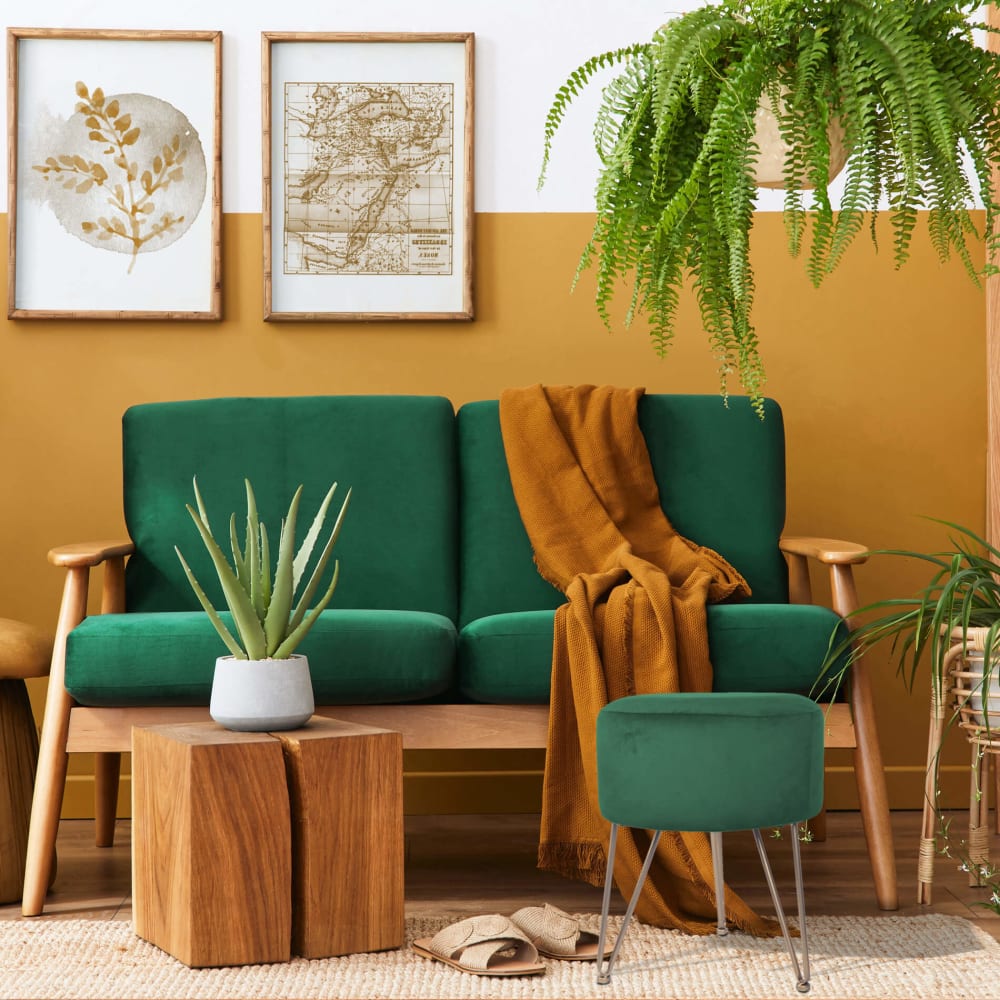 Fußbank mit Holzfaser- und grünem Samt - Maisons Du Monde