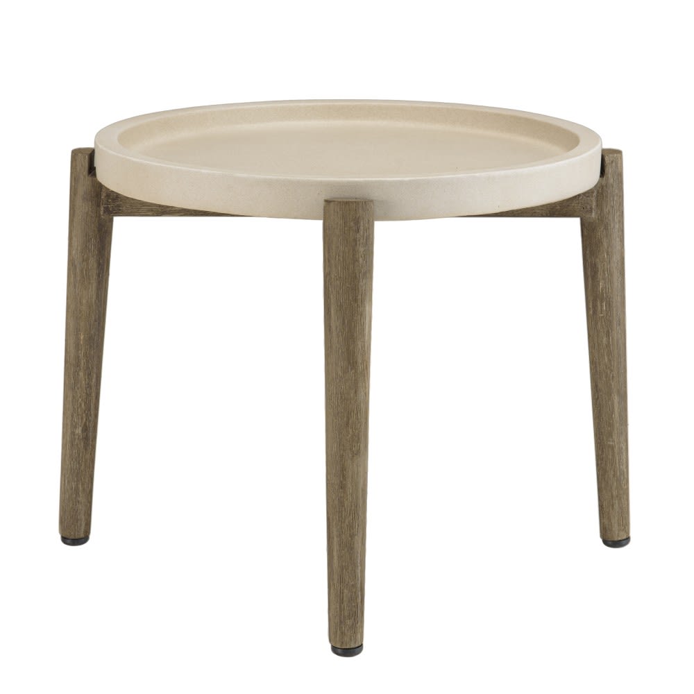 Table d'appoint ronde D50 plateau béton beige pieds acacia